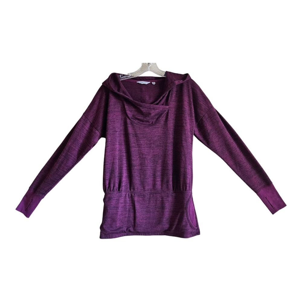 ATHLETA Women's S Hoodie Top Magenta Heathered Thumb Holes Kangaroo Pocket 38"